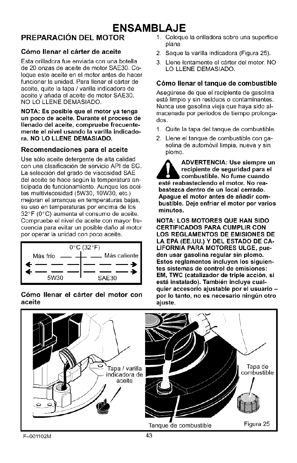 Preparacion del motor, Ensamblaje | Craftsman 536.772301 User Manual | Page 43 / 60