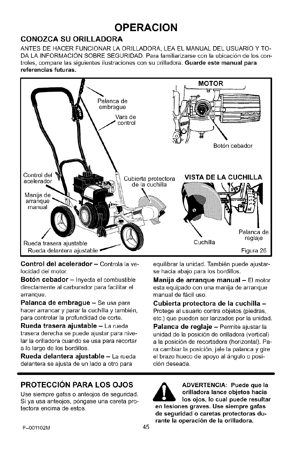 Conozca su orilladora, Proteccion para los ojos, Operacion | Craftsman 536.772301 User Manual | Page 45 / 60