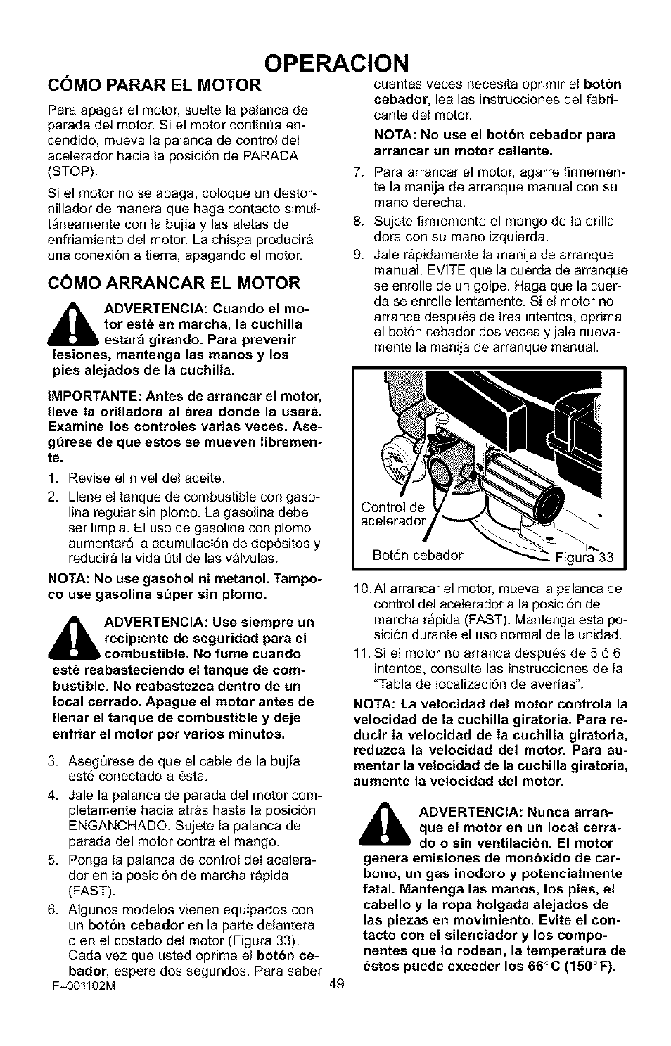 Como parar el motor, Cómo arrancar el motor, Operacion | Craftsman 536.772301 User Manual | Page 49 / 60