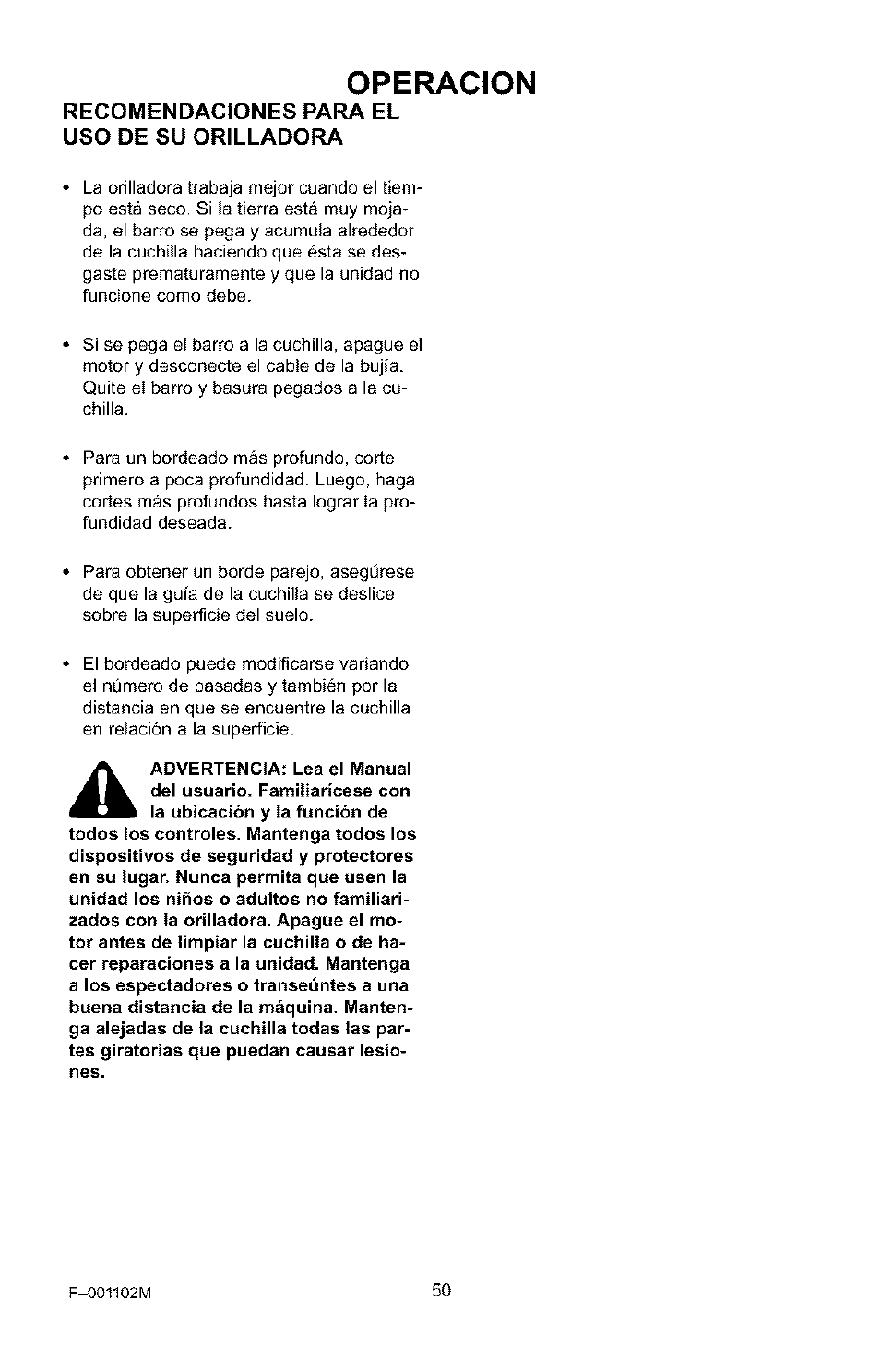 Operacion, Recomendaciones para el uso de su orilladora | Craftsman 536.772301 User Manual | Page 50 / 60