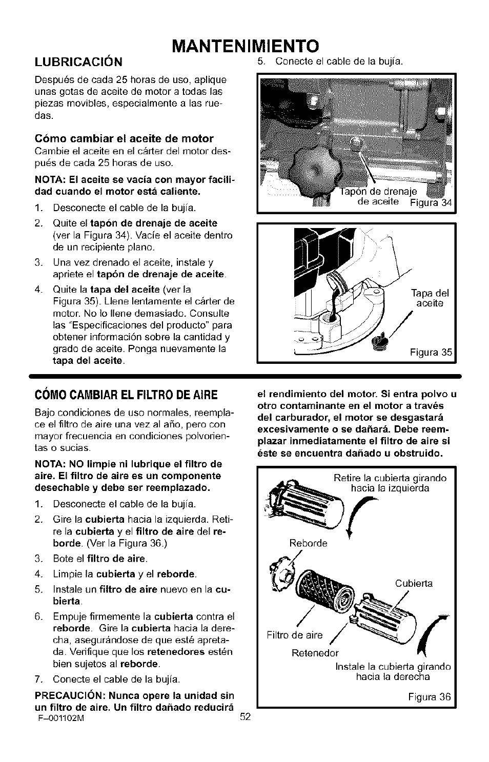 Lubricacion, Coimo cambiar el filtro de aire, Mantenimiento | Craftsman 536.772301 User Manual | Page 52 / 60