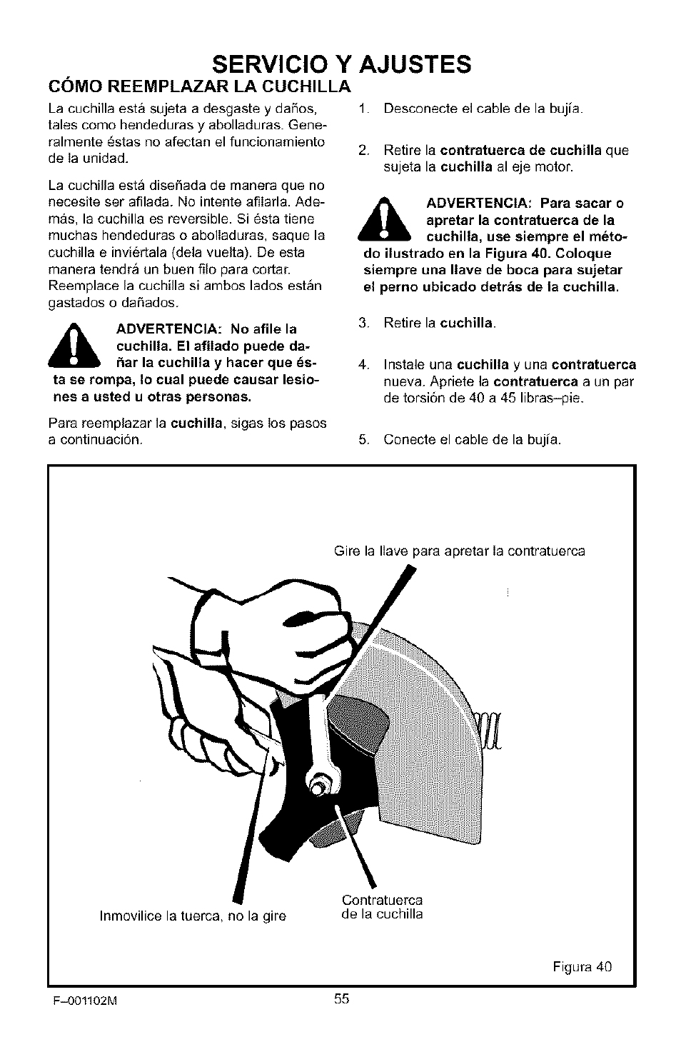 Servicio y ajustes | Craftsman 536.772301 User Manual | Page 55 / 60