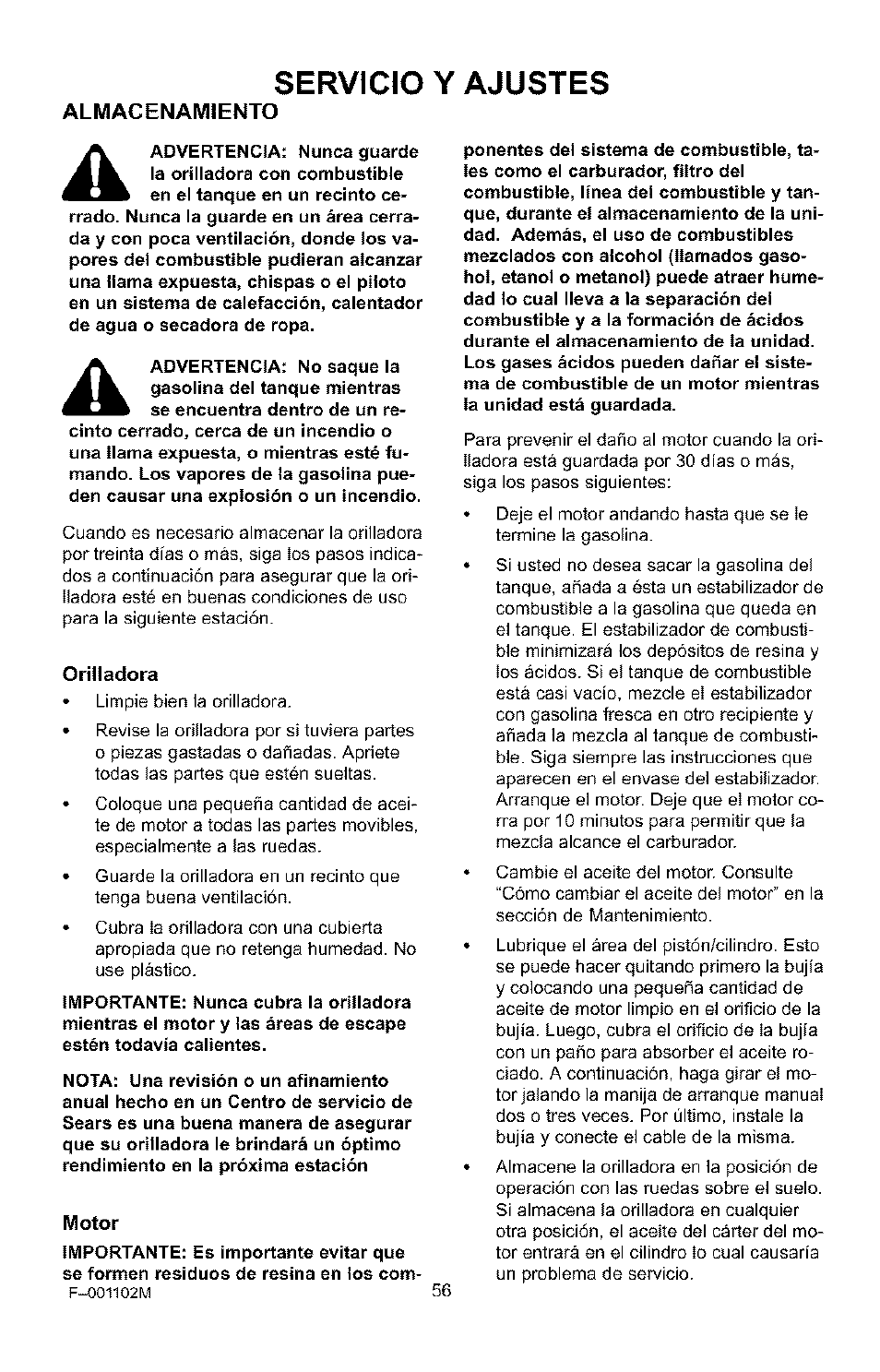 Servicio y ajustes, Almacenamiento | Craftsman 536.772301 User Manual | Page 56 / 60