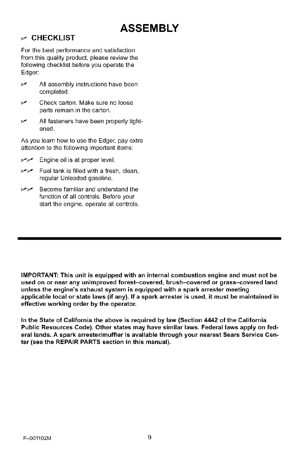 Checklist, Assembly | Craftsman 536.772301 User Manual | Page 9 / 60