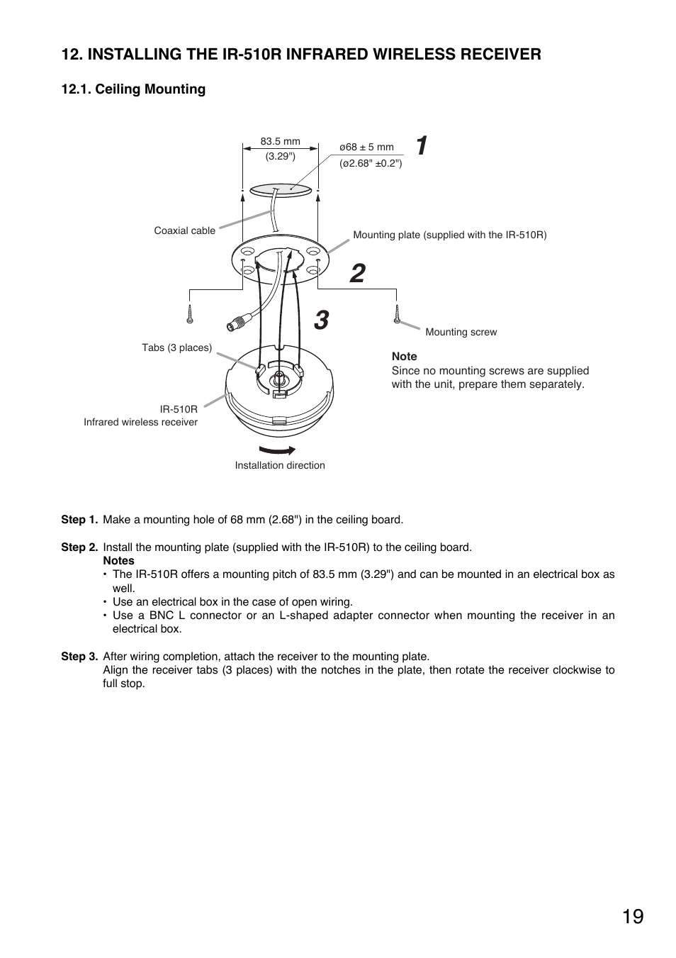 Installing the ir-510r infrared wireless receiver | Toa IR-702T User Manual | Page 19 / 56