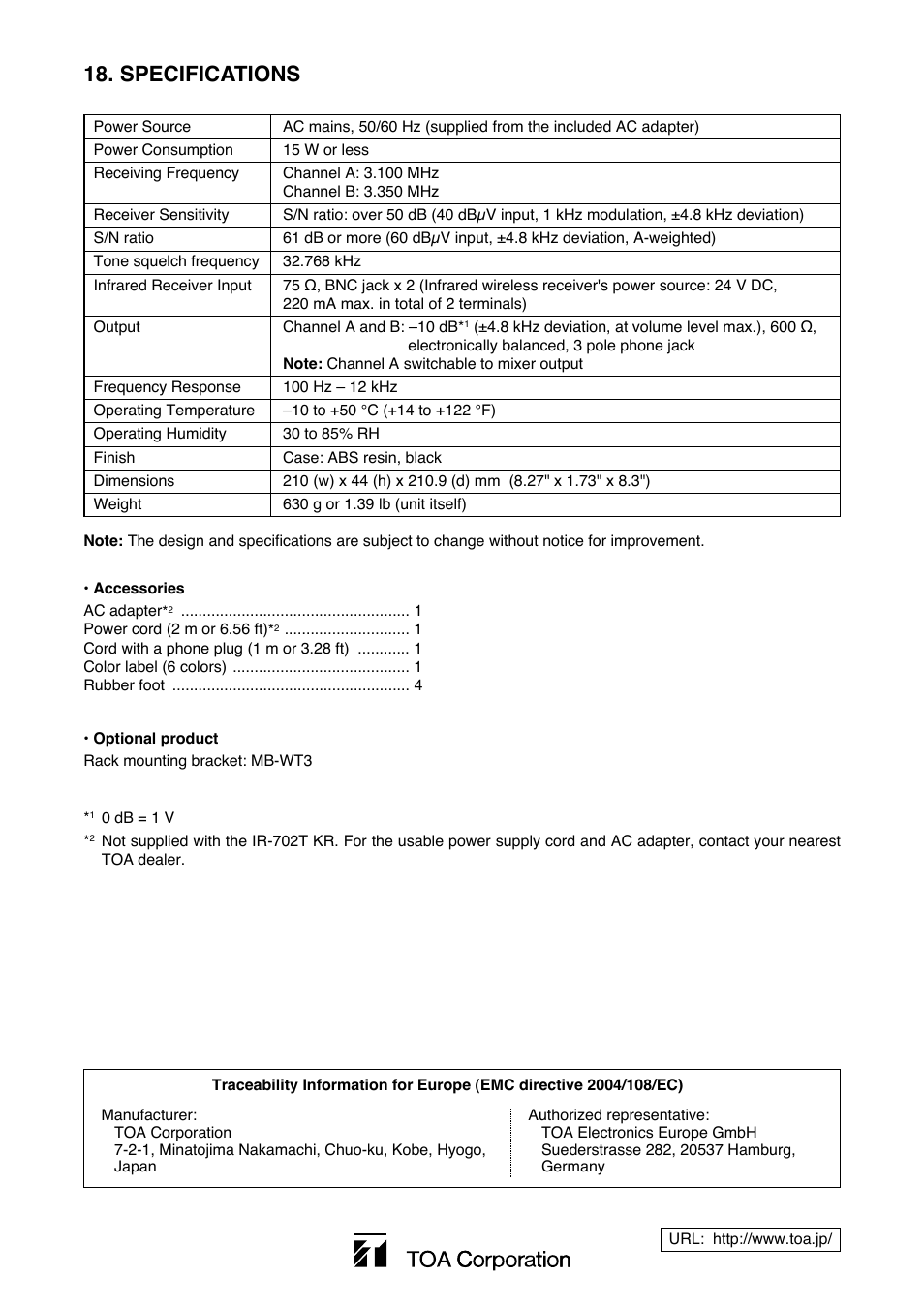 Specifications | Toa IR-702T User Manual | Page 28 / 56