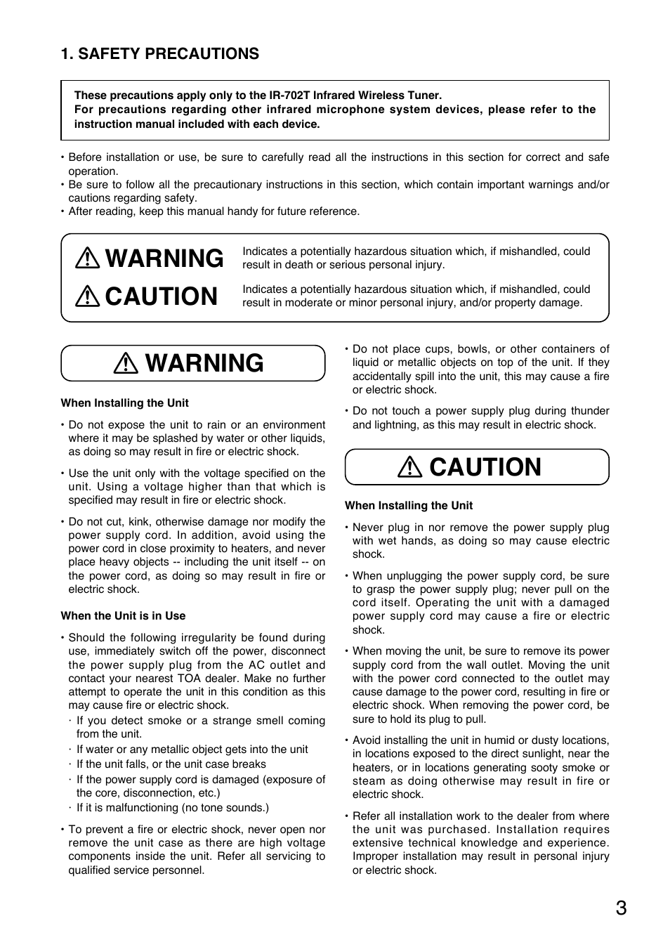 Warning, Warning caution caution, Safety precautions | Toa IR-702T User Manual | Page 3 / 56