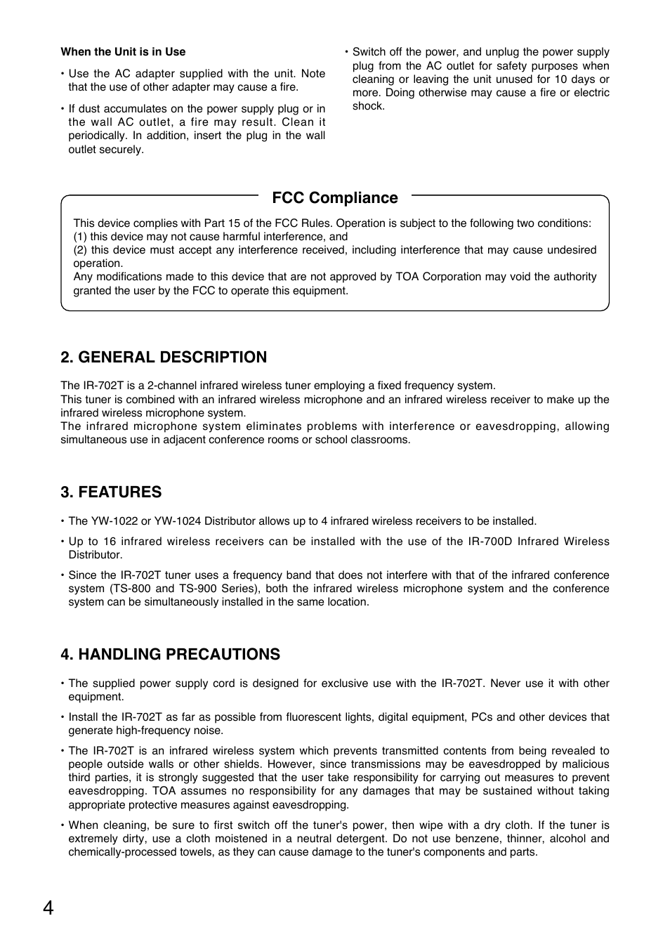 General description, Features, Handling precautions | Fcc compliance | Toa IR-702T User Manual | Page 4 / 56