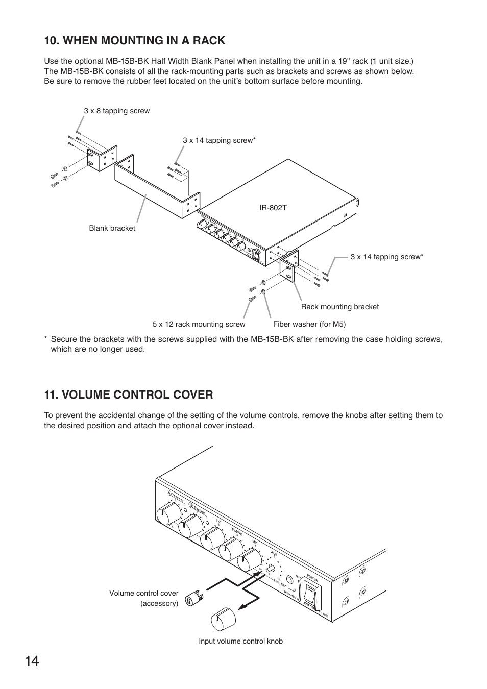 When mounting in a rack, Volume control cover | Toa IR-802T User Manual | Page 14 / 16