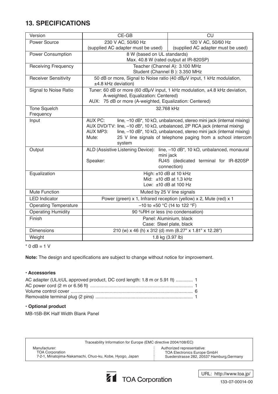 Specifications | Toa IR-802T User Manual | Page 16 / 16