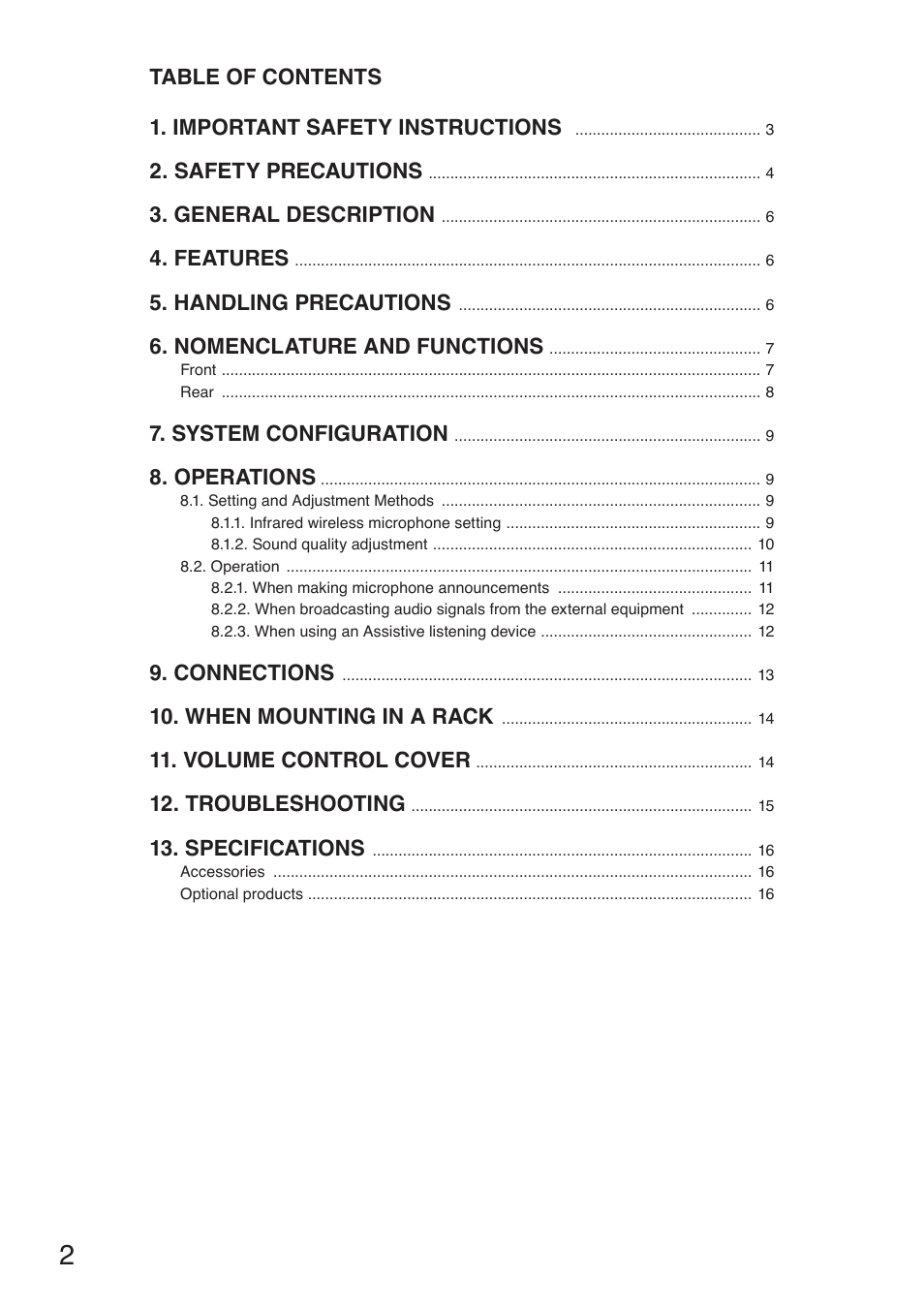 Table of contents 1. important safety instructions, Safety precautions, General description | Features, Handling precautions, Nomenclature and functions, System configuration, Operations, Connections, When mounting in a rack | Toa IR-802T User Manual | Page 2 / 16