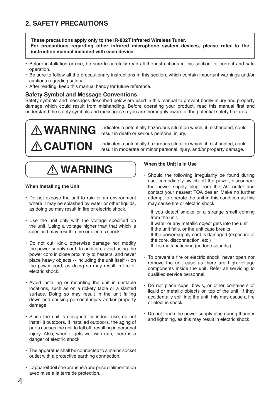 Warning caution, Warning, Safety precautions | Toa IR-802T User Manual | Page 4 / 16