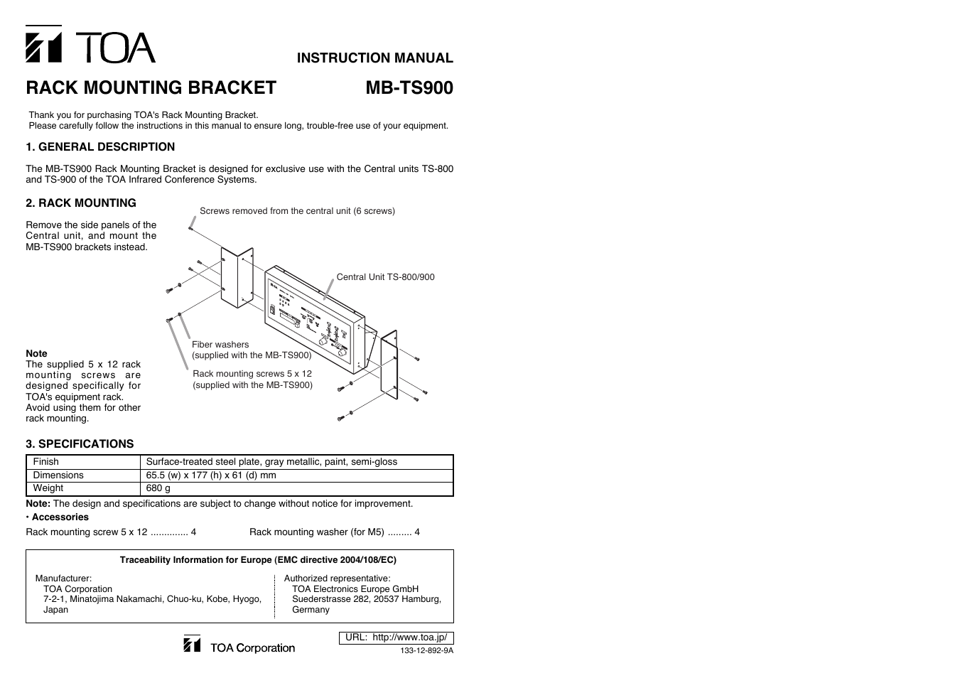 Toa MB-TS900 User Manual | 1 page