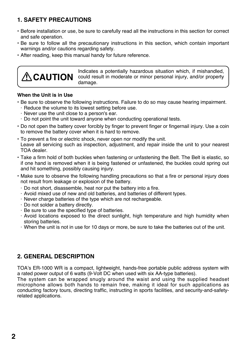 Caution | Toa ER-1000 WR User Manual | Page 2 / 12