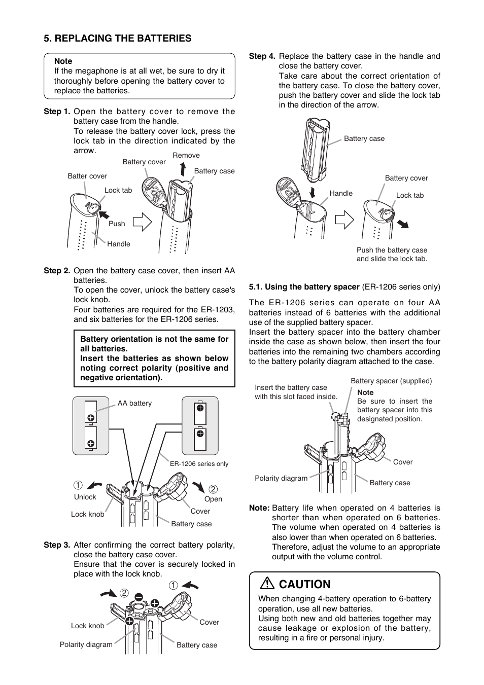 Caution, Replacing the batteries | Toa ER-1206W User Manual | Page 3 / 4