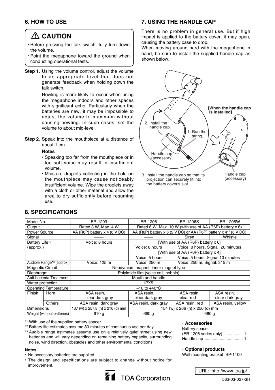 Caution, How to use, Specifications | Using the handle cap | Toa ER-1206W User Manual | Page 4 / 4