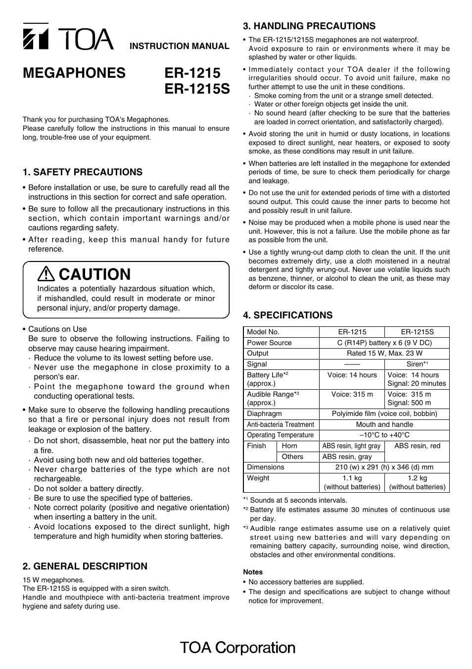 Toa ER-1215S User Manual | 2 pages