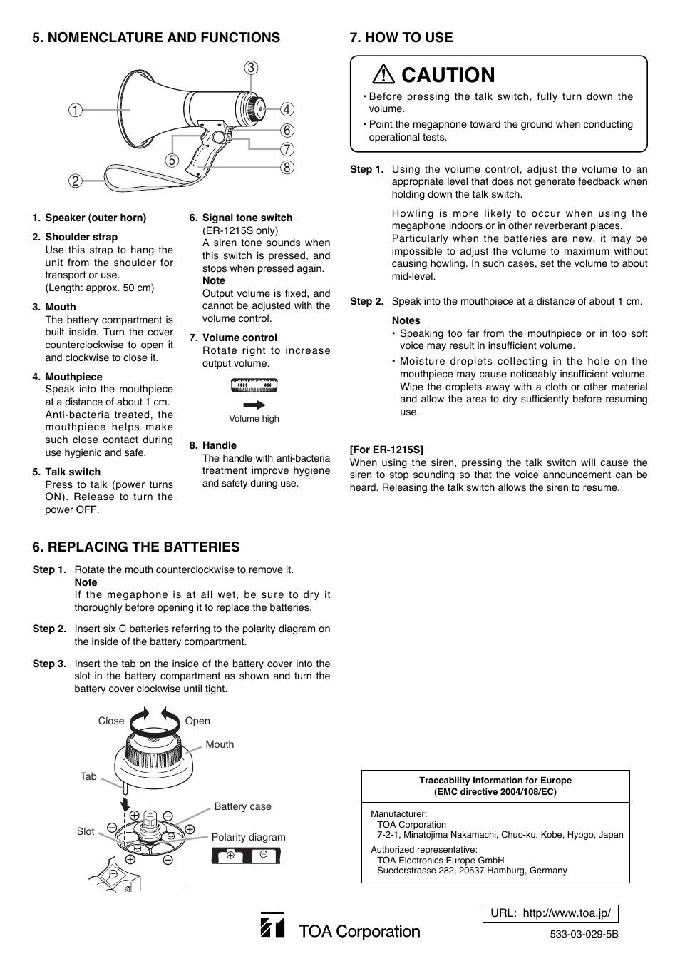 Caution, How to use, Replacing the batteries | Toa ER-1215S User Manual | Page 2 / 2