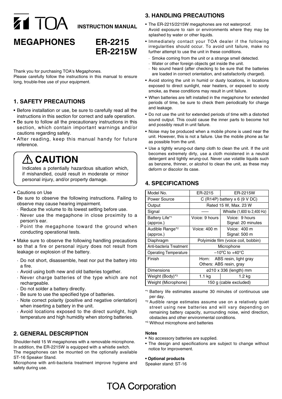 Toa ER-2215W User Manual | 2 pages