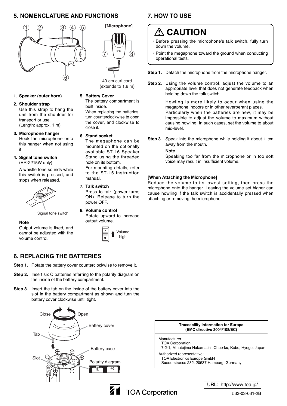 Caution, Nomenclature and functions, Replacing the batteries | How to use | Toa ER-2215W User Manual | Page 2 / 2