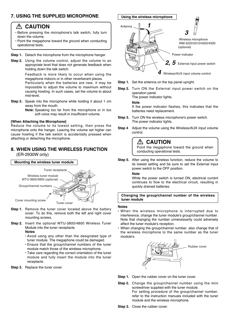 Caution, Using the supplied microphone, When using the wireless function | Toa ER-2930W User Manual | Page 3 / 4