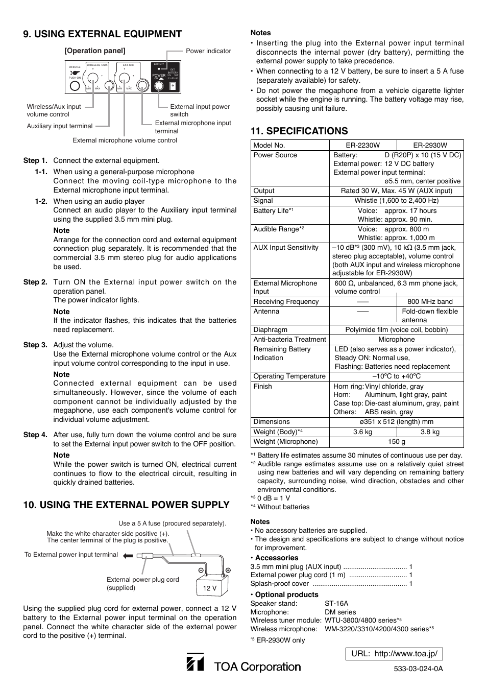 Using external equipment, Using the external power supply, Specifications | Toa ER-2930W User Manual | Page 4 / 4