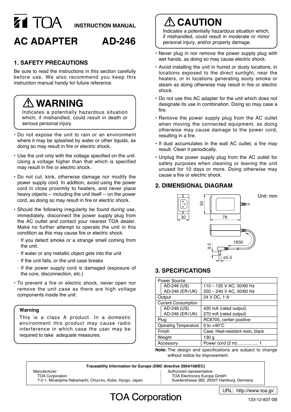 Toa AD-246 User Manual | 1 page