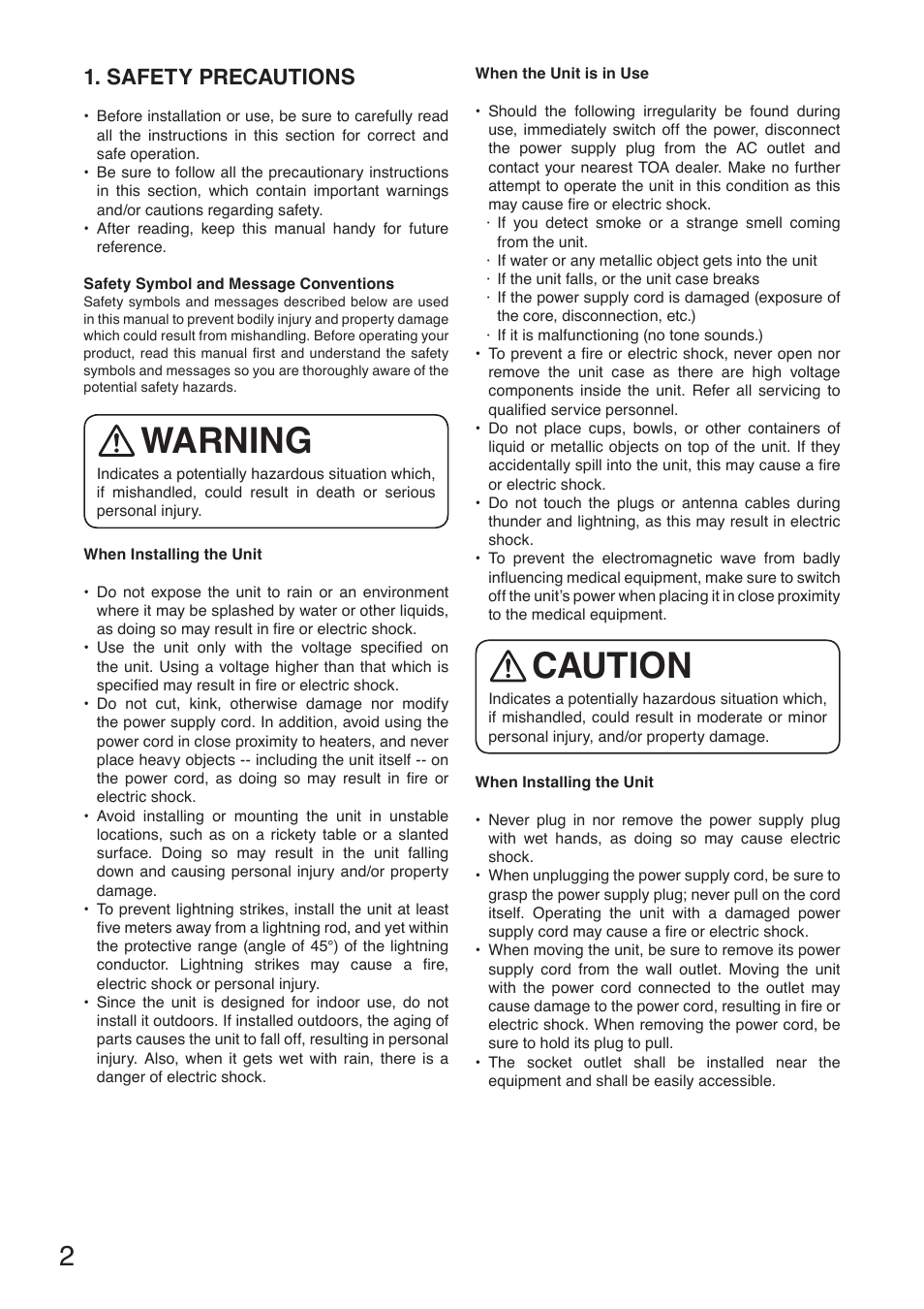 Caution, Warning, Safety precautions | Toa S5-ADU User Manual | Page 2 / 8