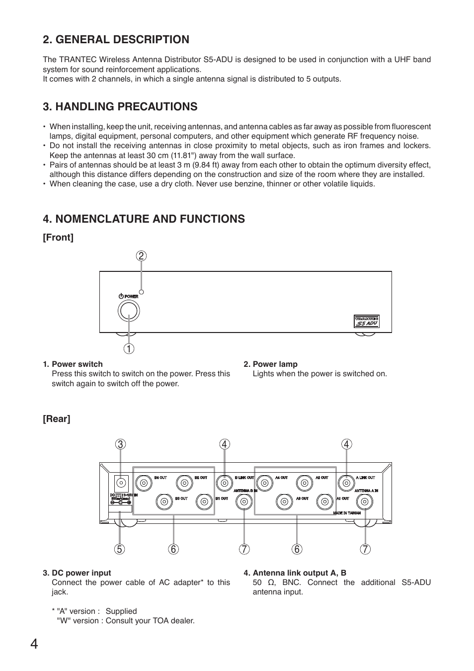 General description, Handling precautions, Nomenclature and functions | Toa S5-ADU User Manual | Page 4 / 8