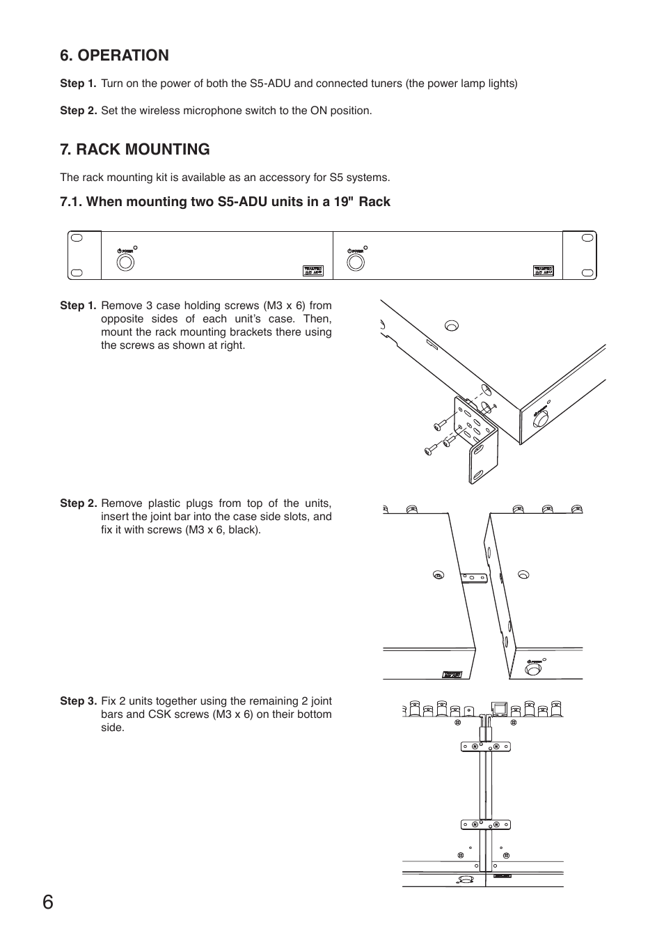 Operation, Rack mounting | Toa S5-ADU User Manual | Page 6 / 8