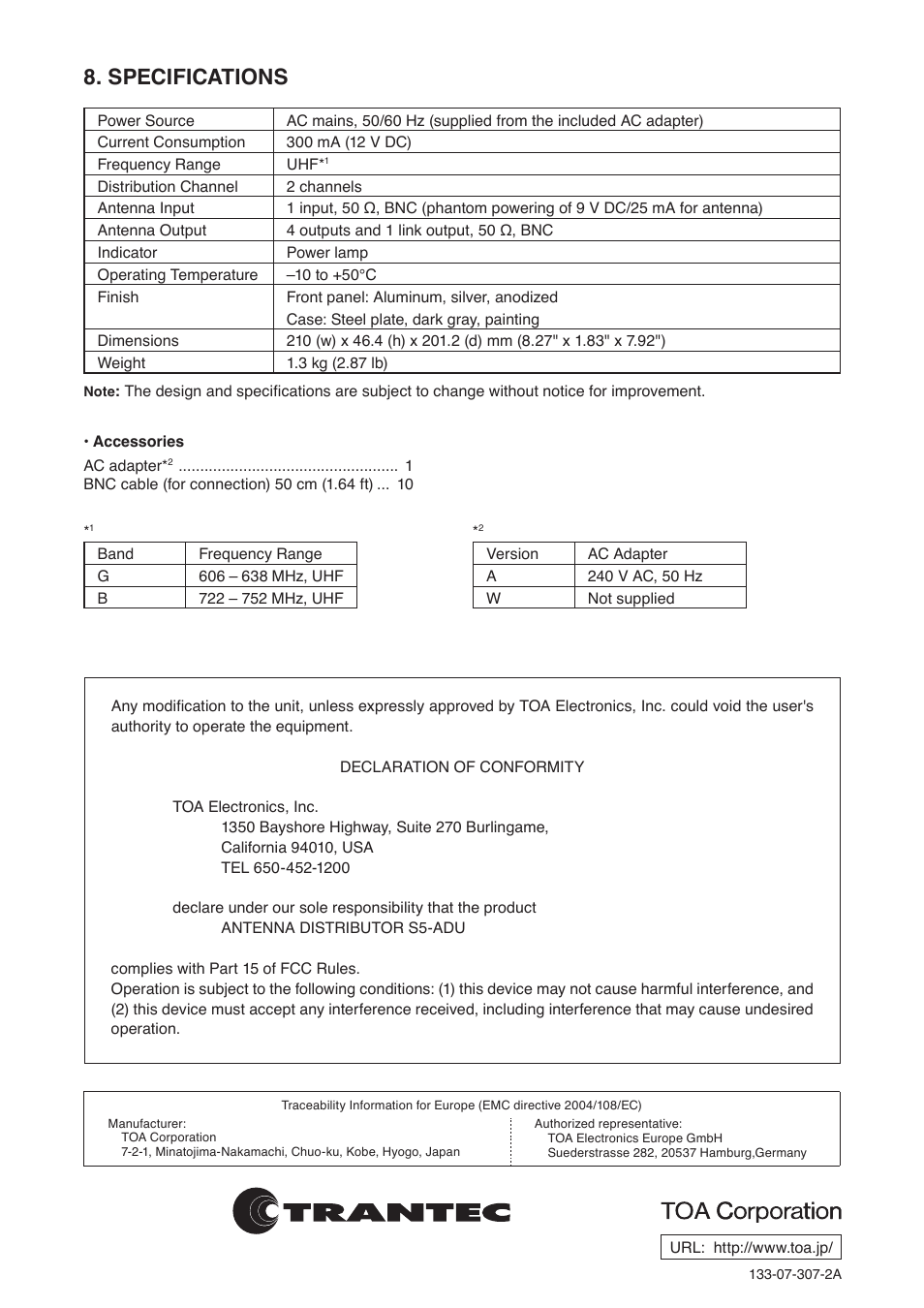 Specifications | Toa S5-ADU User Manual | Page 8 / 8