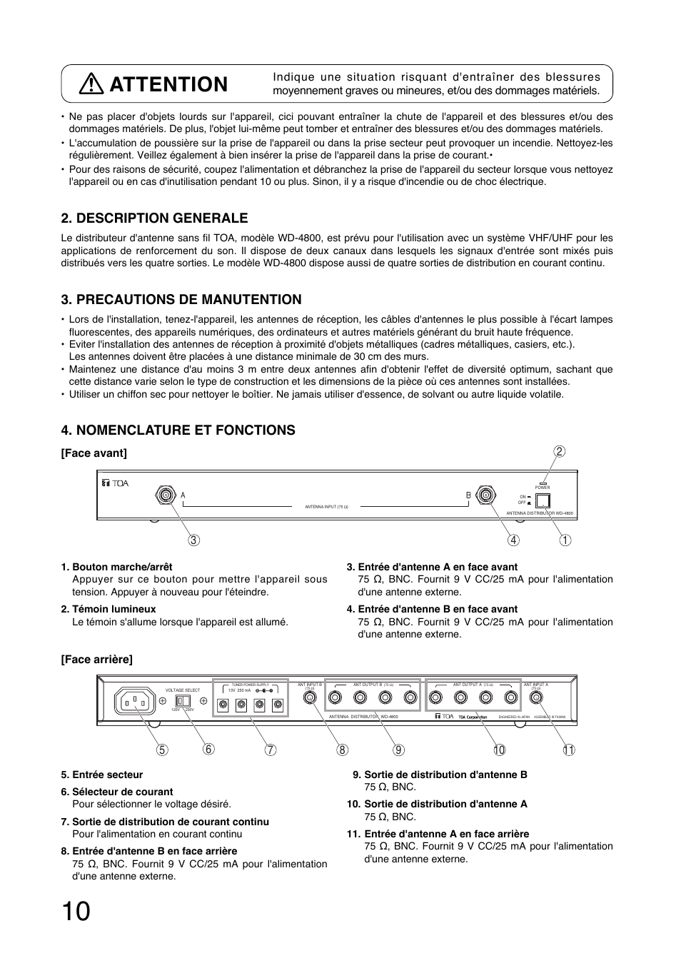 Attention, Description generale, Precautions de manutention | Nomenclature et fonctions | Toa WD-4800 User Manual | Page 10 / 20