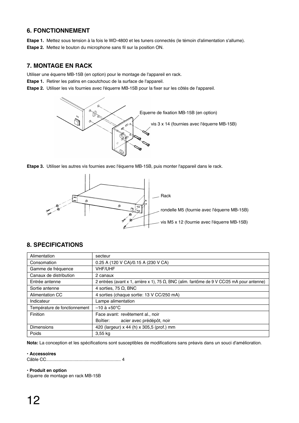 Specifications, Montage en rack, Fonctionnement | Toa WD-4800 User Manual | Page 12 / 20