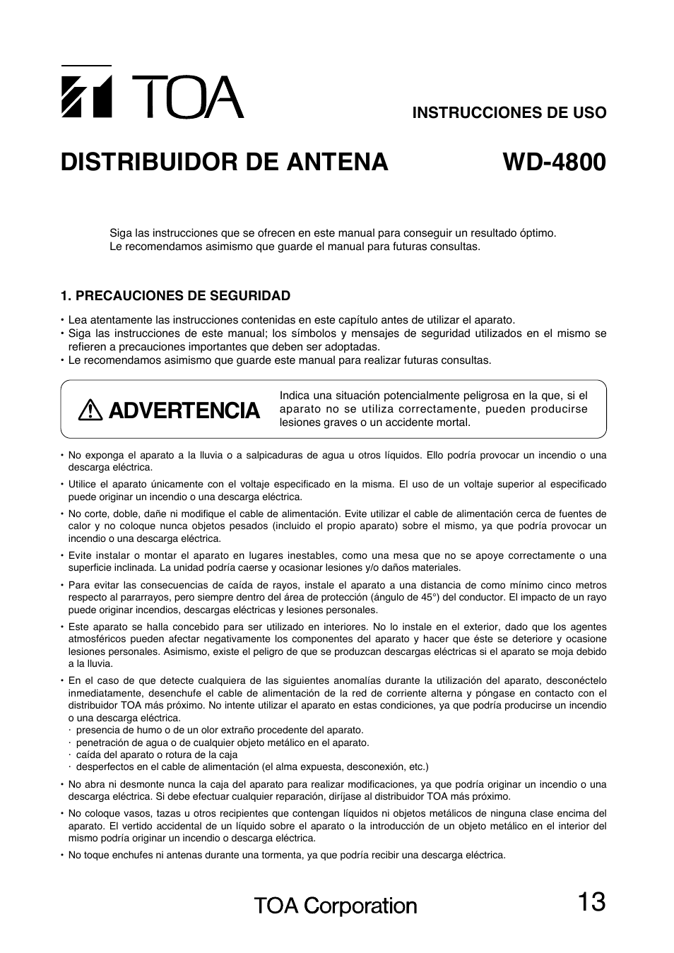 Wd-4800 distribuidor de antena, Advertencia, Instrucciones de uso | Toa WD-4800 User Manual | Page 13 / 20