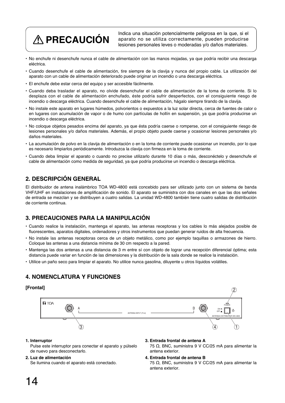 Precaución, Descripción general, Precauciones para la manipulación | Nomenclatura y funciones | Toa WD-4800 User Manual | Page 14 / 20