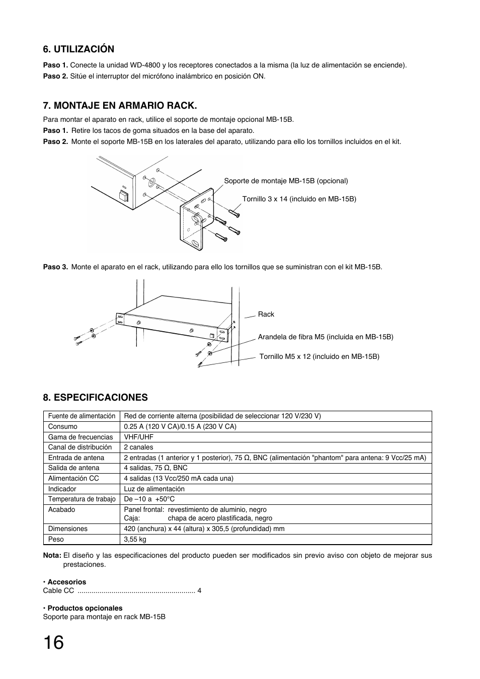 Especificaciones, Montaje en armario rack, Utilización | Toa WD-4800 User Manual | Page 16 / 20