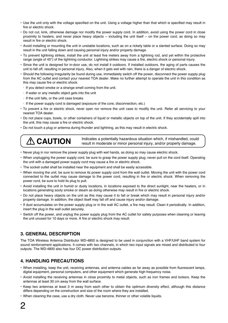 Caution, General description, Handling precautions | Toa WD-4800 User Manual | Page 2 / 20