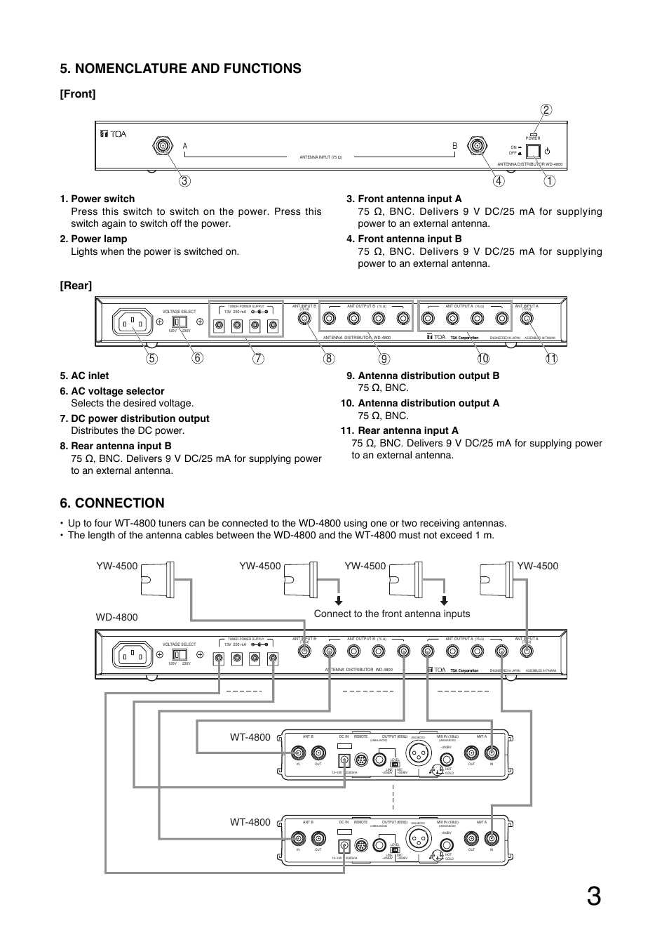 Connection, Nomenclature and functions, Rear | Front, Wt-4800, Connect to the front antenna inputs | Toa WD-4800 User Manual | Page 3 / 20