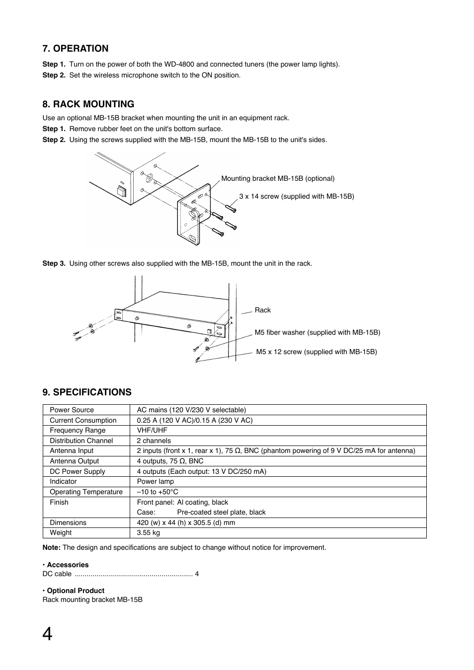 Specifications, Rack mounting, Operation | Toa WD-4800 User Manual | Page 4 / 20