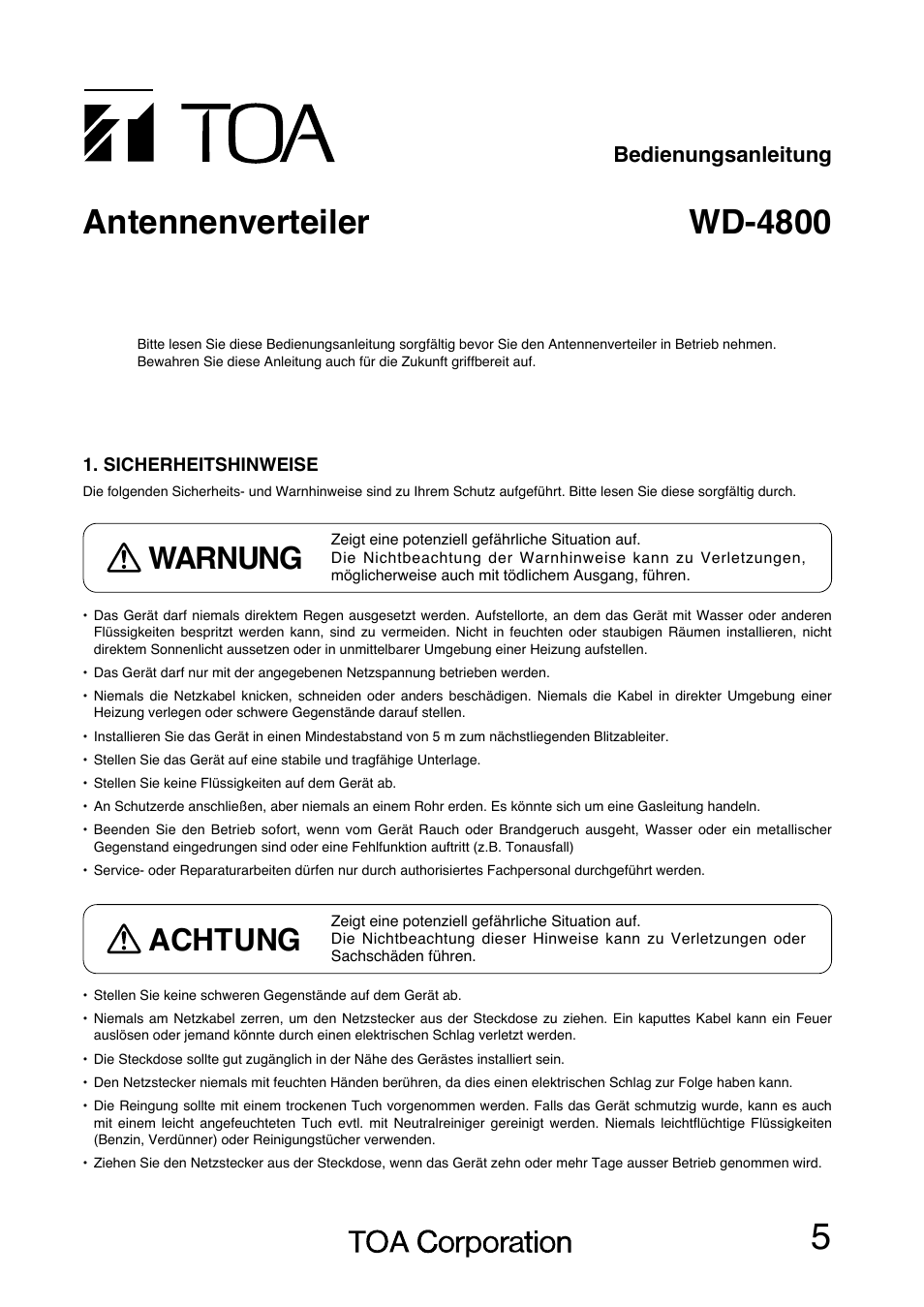 Wd-4800 antennenverteiler, Warnung, Achtung | Bedienungsanleitung | Toa WD-4800 User Manual | Page 5 / 20