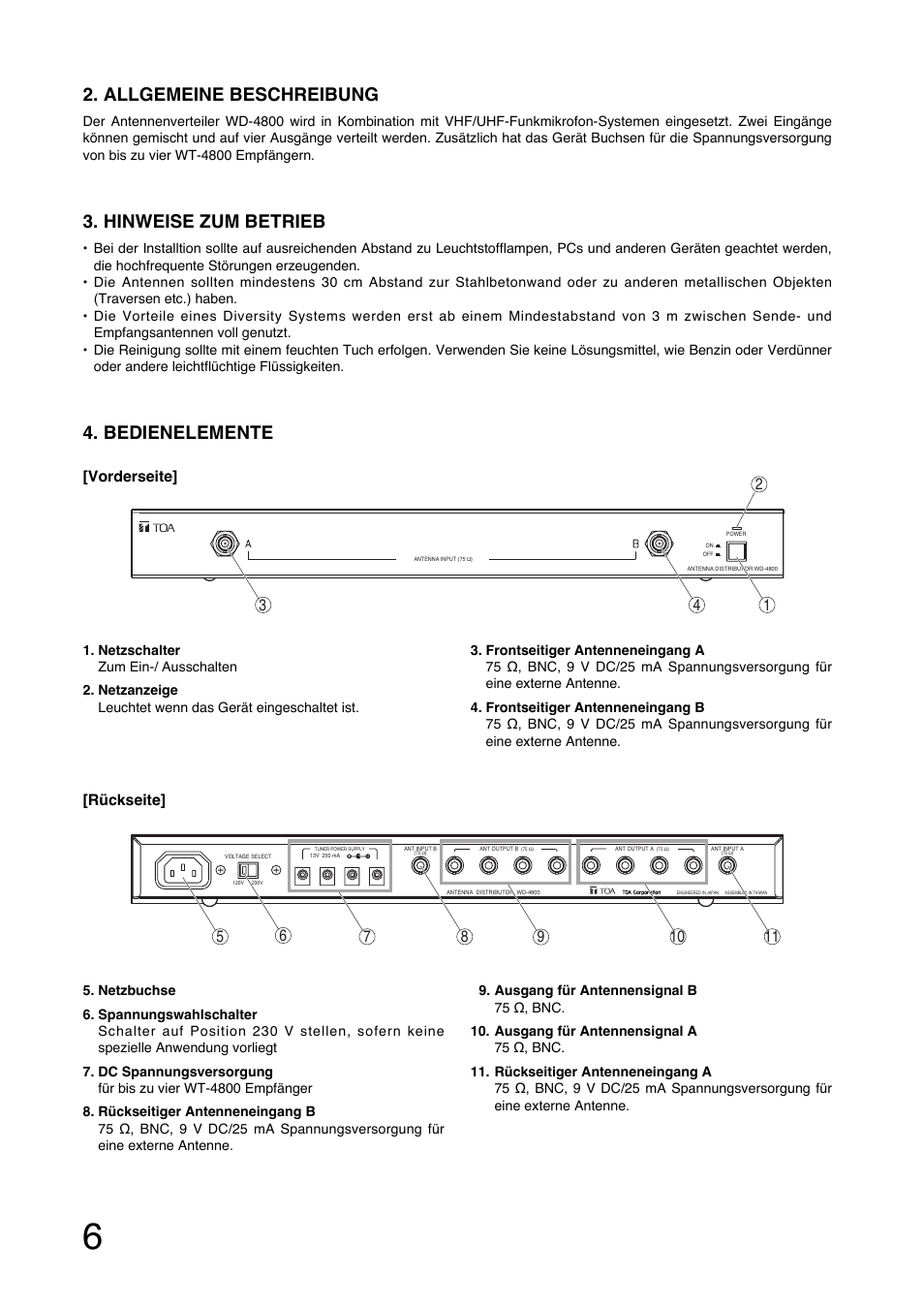 Allgemeine beschreibung, Hinweise zum betrieb, Bedienelemente | Toa WD-4800 User Manual | Page 6 / 20