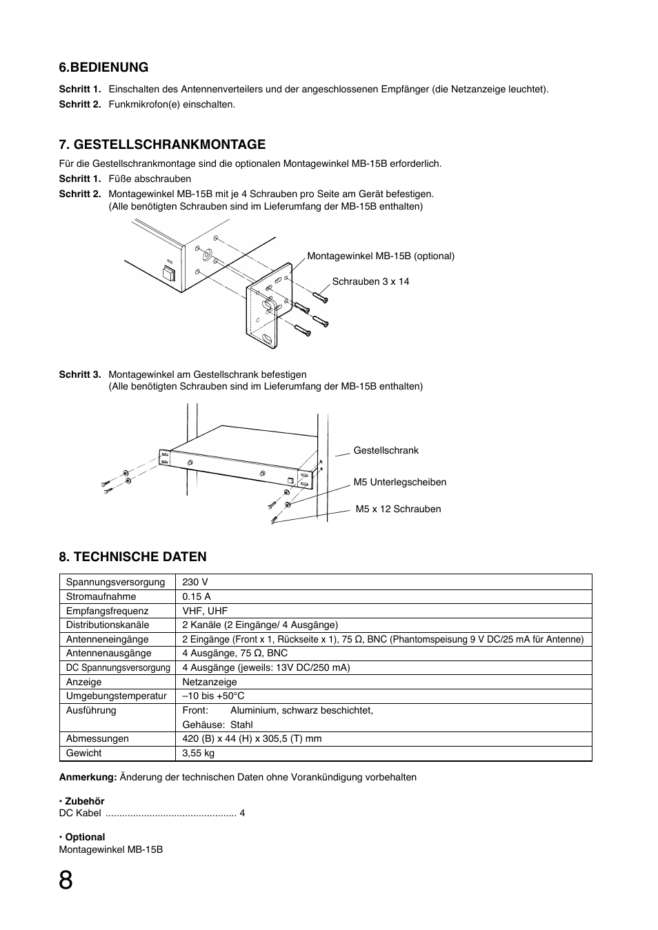 Technische daten, Gestellschrankmontage, Bedienung | Toa WD-4800 User Manual | Page 8 / 20