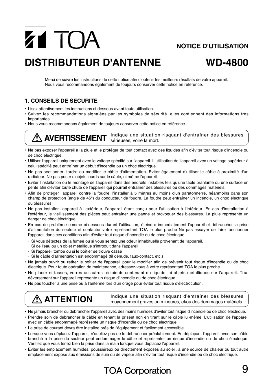 Wd-4800 distributeur d'antenne, Attention, Avertissement | Notice d'utilisation | Toa WD-4800 User Manual | Page 9 / 20