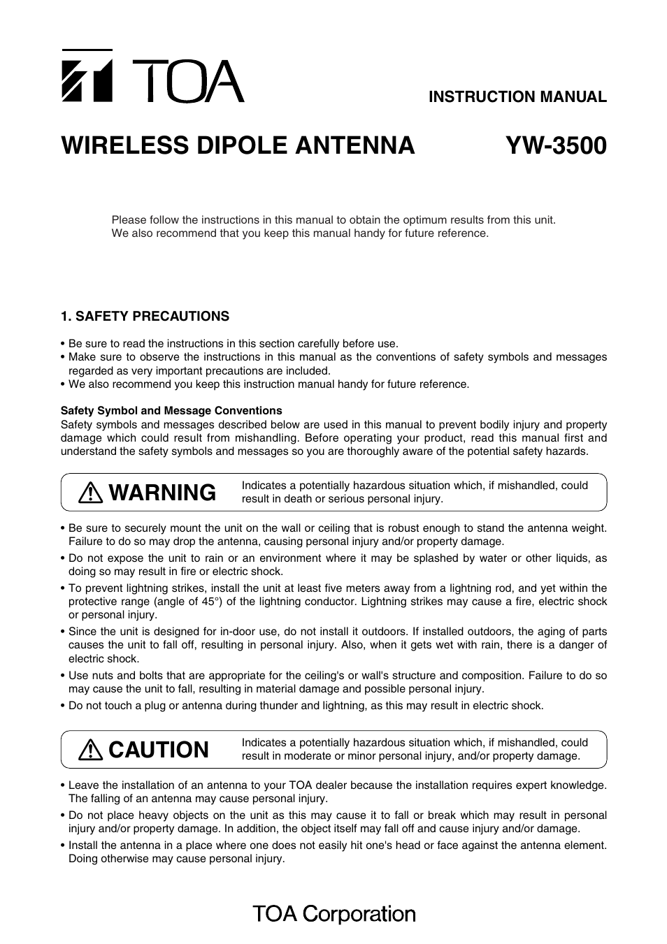 Toa YW-3500 User Manual | 4 pages