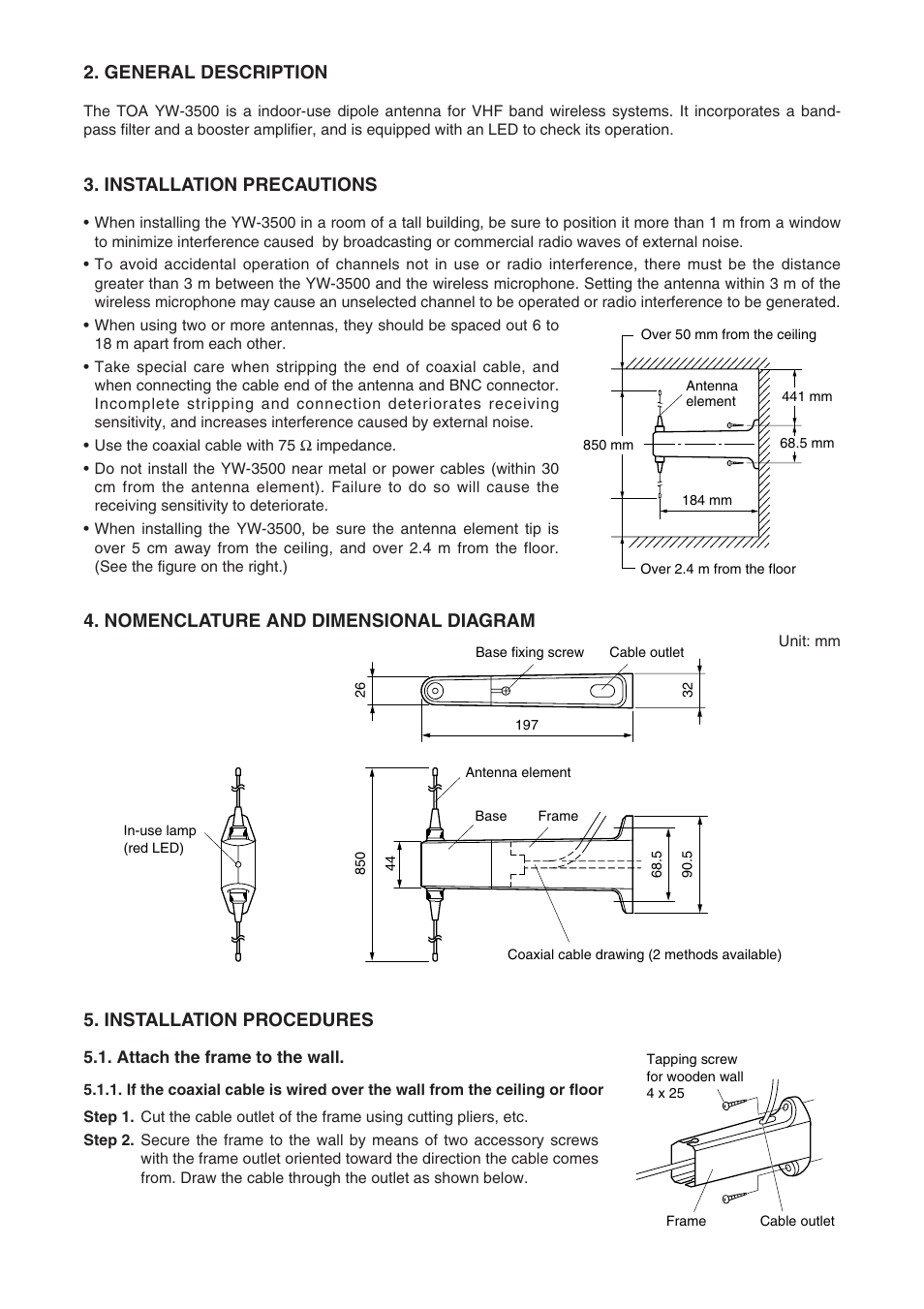 General description, Installation precautions, Nomenclature and dimensional diagram | Installation procedures | Toa YW-3500 User Manual | Page 2 / 4