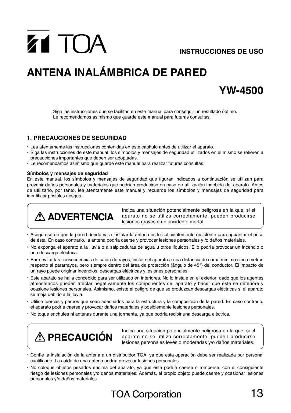 Yw-4500 antena inalámbrica de pared, Advertencia, Precaución | Toa YW-4500 User Manual | Page 13 / 20