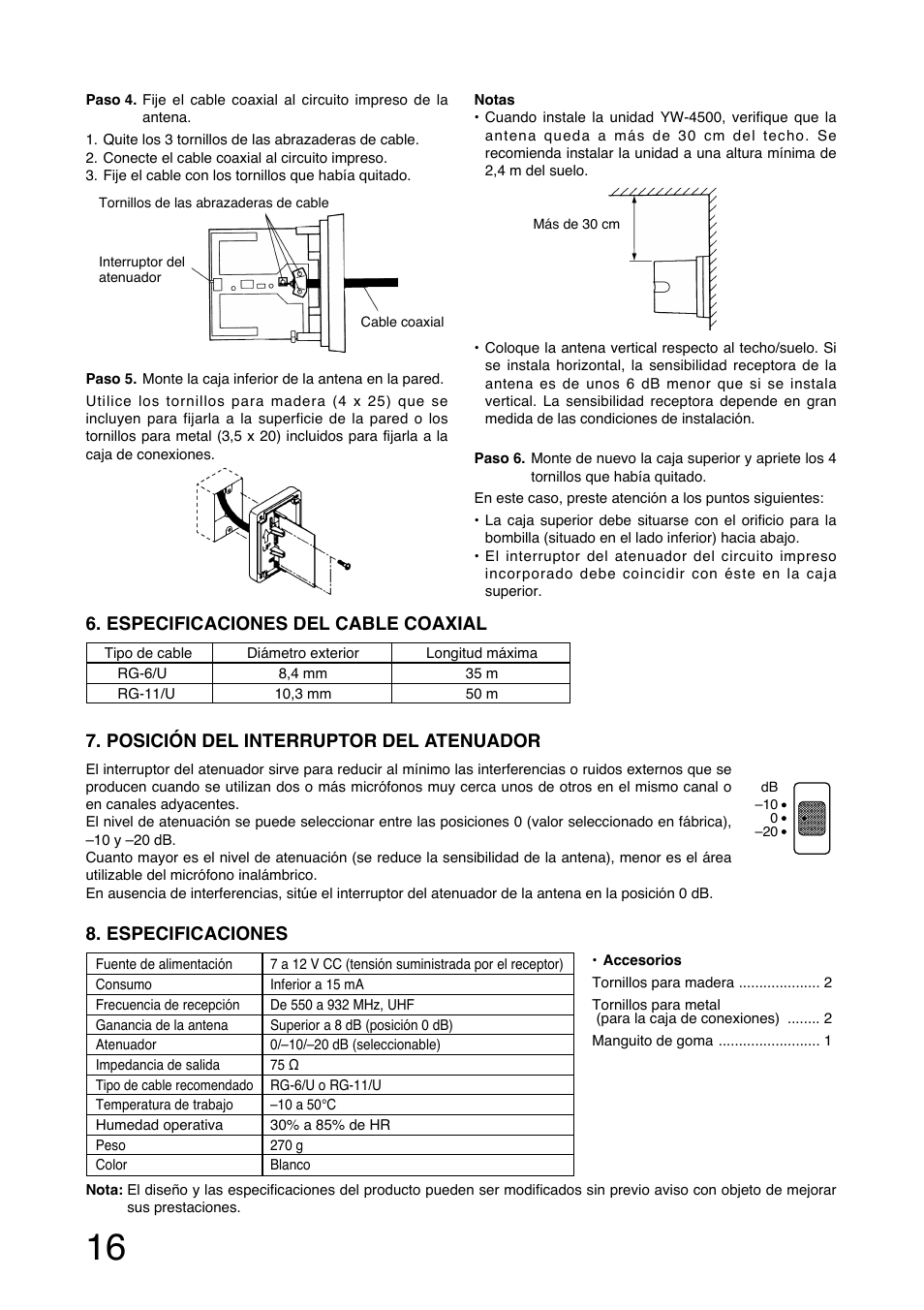 Especificaciones | Toa YW-4500 User Manual | Page 16 / 20