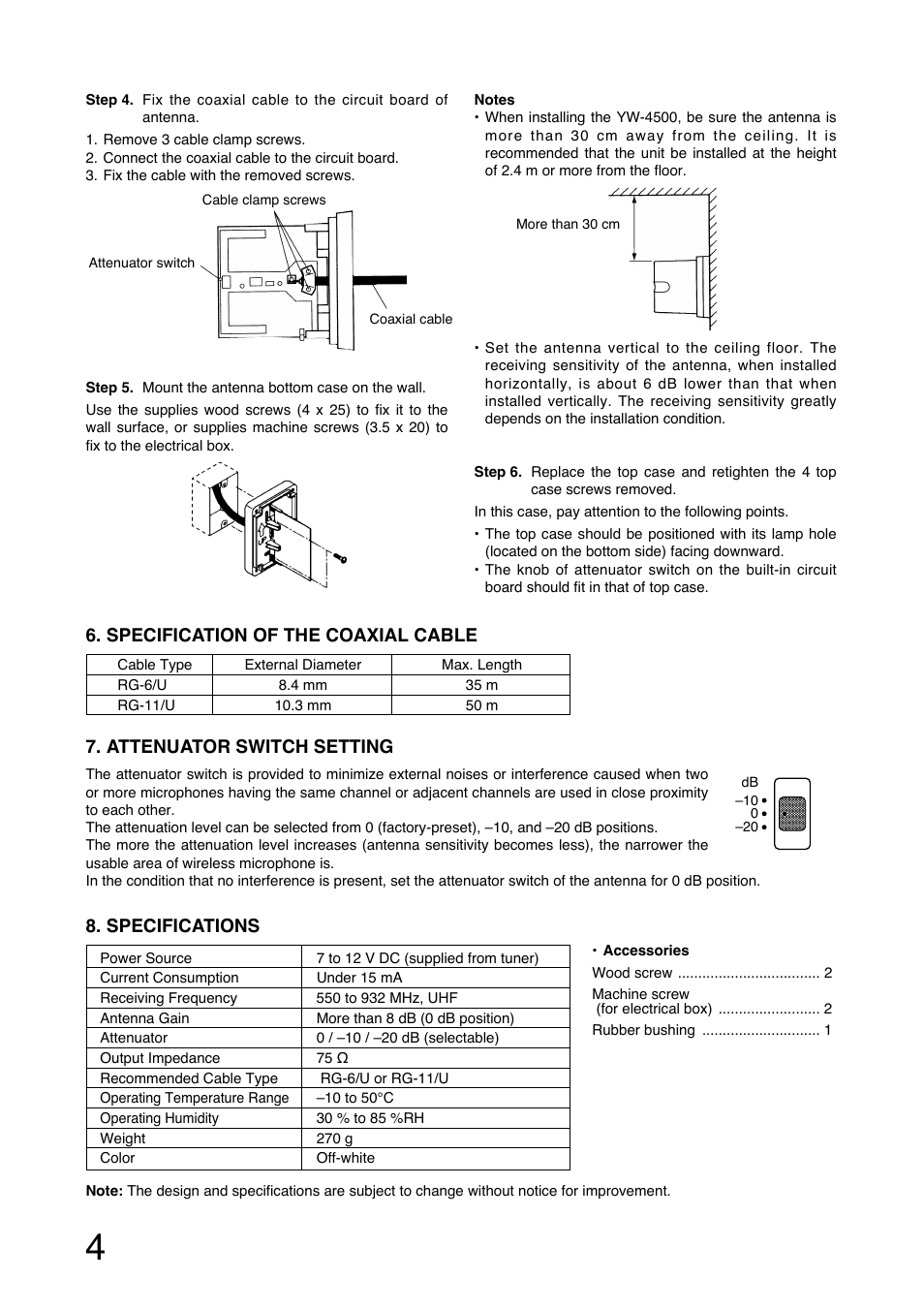 Specifications | Toa YW-4500 User Manual | Page 4 / 20