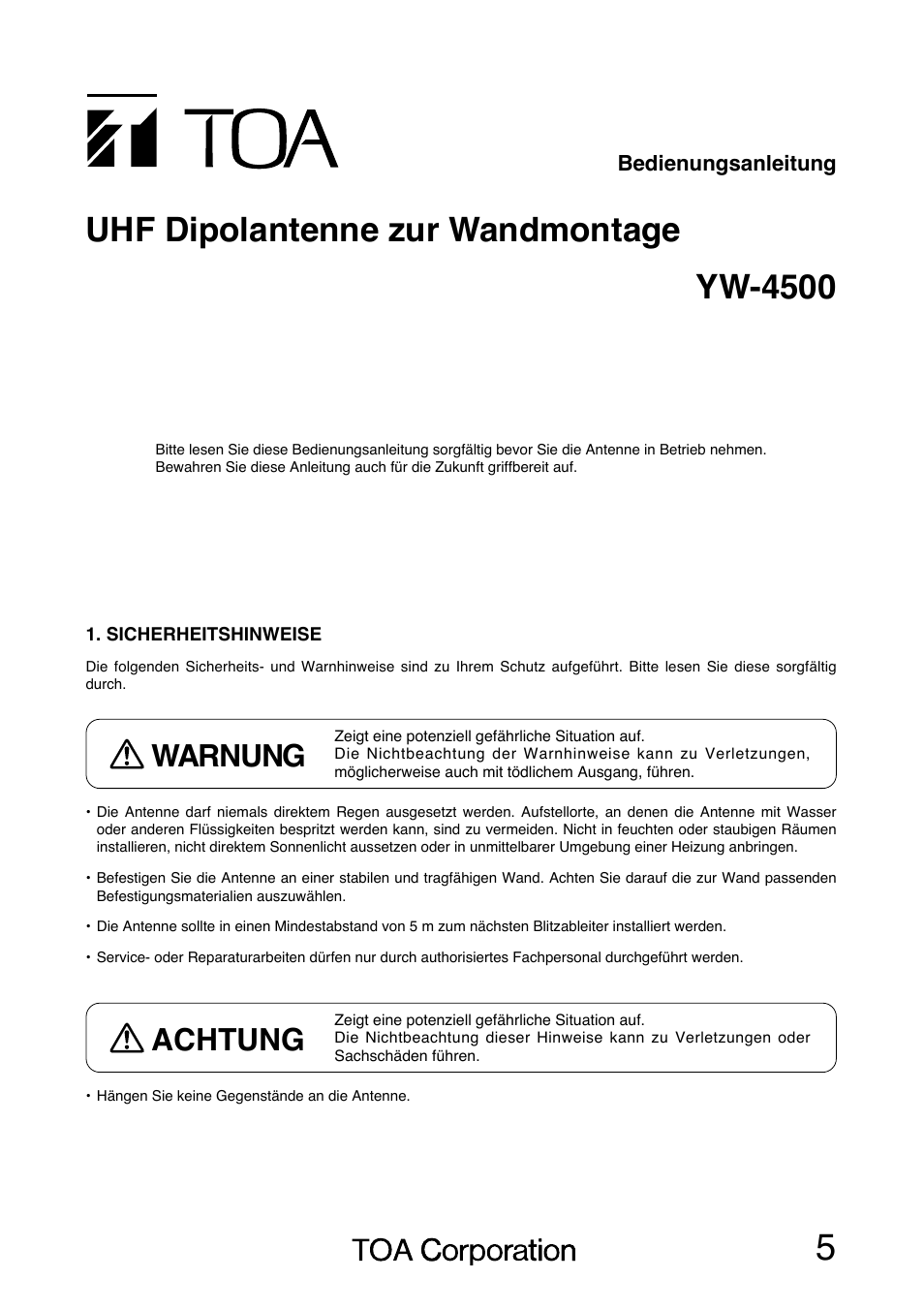 Yw-4500 uhf dipolantenne zur wandmontage, Warnung, Achtung | Toa YW-4500 User Manual | Page 5 / 20