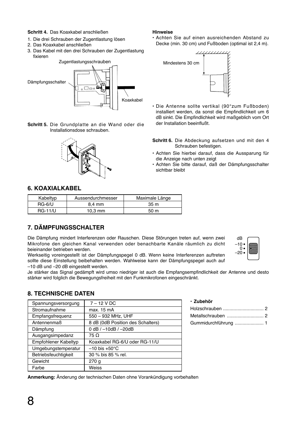 Koaxialkabel 7. dämpfungsschalter, Technische daten | Toa YW-4500 User Manual | Page 8 / 20